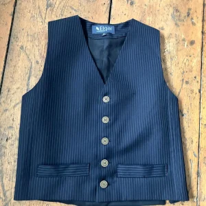 XS only - black pinstripe wool waistcoat with straight front hem, 2 pockets, black linen lining
