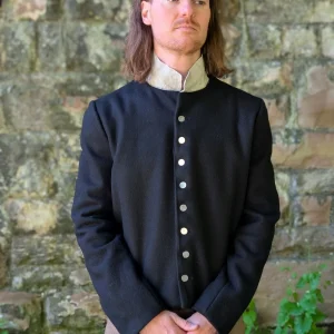 Early settlers jacket in black, linen lined with roll up sleeves, metal shank buttons