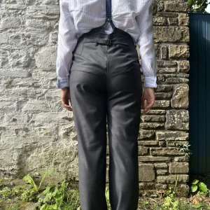 High waist trouser in charcoal grey wool, button fly and brace buttons - all sizes