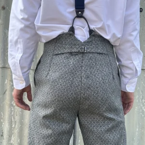 High waist trouser in heavy wool, silver grey, diamond weave, button fly and brace buttons - all sizes