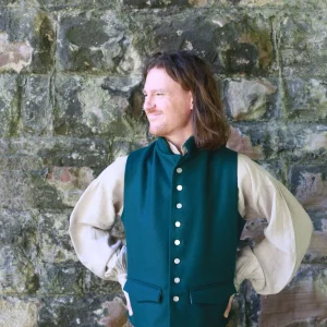 Regency style waistcoat in emerald green wool, high collar and 2 flap pockets - medium or XS only