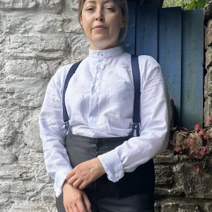 Irish linen shirt, white with fine blue stripe, collarless style