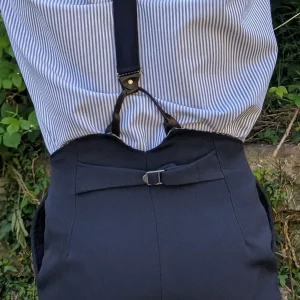 High waist navy wool trouser with button fly and brace buttons