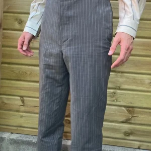 Pinstripe trouser in linen-cotton chambray, soft grey, men's high waist style with button fly and brace buttons